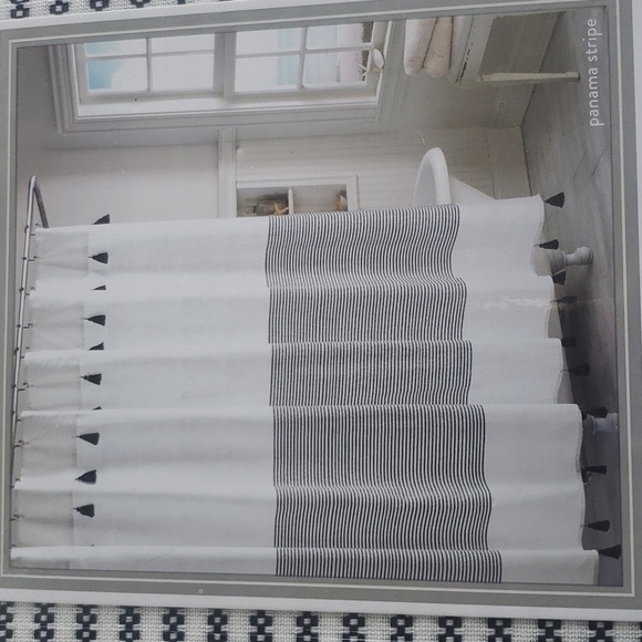 Peri Home of white and navy blue stripes shower curtain new 100% cotton - Picture 1 of 4